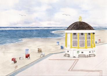 Postkarte DIN-A6 Aquarell Maritim Kunst Druck Kunstdruck Nordsee Pavillon Musikpavillon Insel Borkum Meer Strand